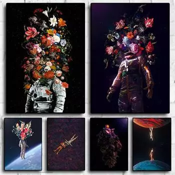 Современный абстрактный красочный астронавт с космическим цветком, картина маслом, постер для спальни, гостиной, дивана, настенное искусство для дома 21cm30cm NoFrame