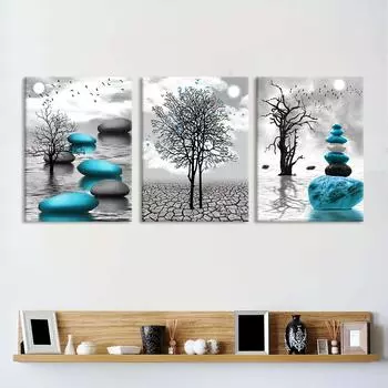 Современный черно-белый пейзаж, холст, картина, синий дзен, каменные плакаты и принты, искусство дерева для украшения гостиной без рамы 21x30cm No Framed