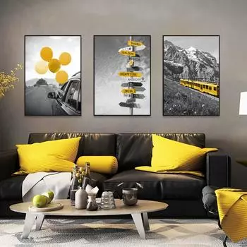 Современный черно-белый туристический постер, желтые воздушные шары, пейзажные декоративные картины, скандинавский холст, настенные художественные фотографии, домашний декор для комнаты 21x30cm No Framed