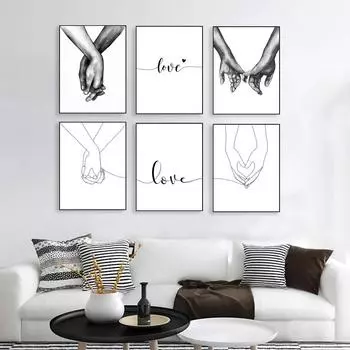 Современный черный, белый стиль, рука об руку, настенный художественный постер, минималистский принт, цитаты о любви, холст, картина для декора гостиной 21cm30cm NoFrame
