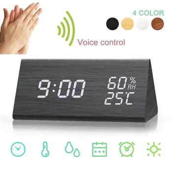 Современный цифровой деревянный светодиодный будильник, звуки управления, комнатный термометр, гигрометр, декор для рабочего стола brown