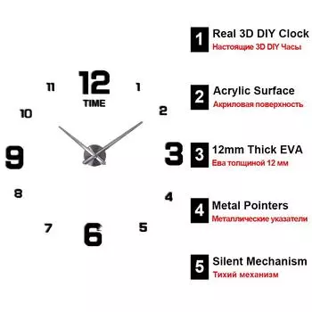 Современный дизайн 3D DIY Большие настенные часы Наклейка Дизайн Декоративные для гостиной Акриловые зеркальные настенные часы Украшение для дома и офиса 47inch золотой