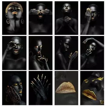 Современный домашний интерьер, черная кожа, женский золотой макияж, картина маслом, настенный художественный постер, печать, спальня, гостиная 21cm30cm NoFrame