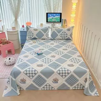 Современный комплект постельного белья с геометрическим узором в клетку, простыни из 100% хлопка с принтом милого щенка и 2 наволочками, комплект постельного белья для дома 160x230cm 3Pcs