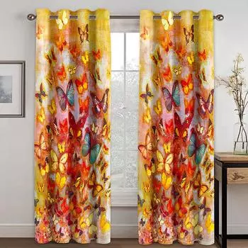 Современный красочный дизайн с синими бабочками, 2 шт., тонкие занавески для окон, занавески для гостиной, спальни, домашнего декора, крючки 100W130H(CM)40x51in&Hook