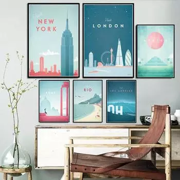 Современный минималистичный городской путешествия Лондон Лос-Анджелес Майами Нью-Йорк Холст Картина Настенная картина Скандинавское украшение Домашний декор 21cm30cm NoFrame