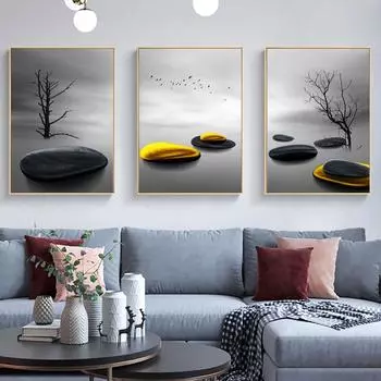 Современный минималистский постер с пейзажами, деревьями и птицами, скандинавский золотой камень, холст, картина, настенное искусство, картина, декор гостиной 21x30cm No Framed