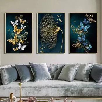 Современный минималистский постер с синей золотой бабочкой, картина на холсте, настенная живопись, настенное украшение для гостиной, домашний декор без рамки 21*30cm No Frame