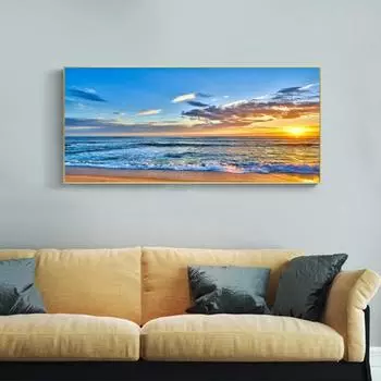 Современный морской пейзаж с голубым небом и белыми облаками, картина маслом на холсте, фон для гостиной, декоративная картина, безрамный постер 20x40cm no frame синий