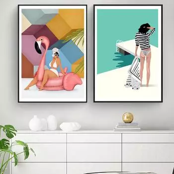 Современный мультяшный летний купальник, красота, плакаты с фламинго, принты, картина на холсте с пирсом, настенные художественные фотографии для декора гостиной 21cm30cm NoFrame