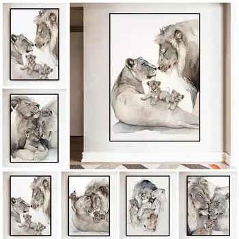 Современный настенный художественный постер с животными, любящий лев, семья, холст, картина, принт для гостиной, картина, украшение для дома, Cuadros, без рамки 21*30cm