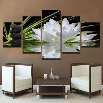 Современный пейзаж, украшение для дома, настенное художественное оформление, модульная картина, 5 шт., белый цветок лотоса, вода, булыжник, холст, картина без рамки 20x35cm*2 20x45cm*2 20x55cm*1