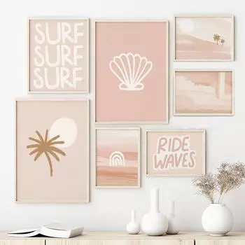 Современный пейзажный постер с изображением серфинга, волн, розовых ракушек, холста, пальмы, настенных картин в стиле минимализма в стиле бохо для домашнего декора 21x30cm No Framed светло-зеленый