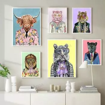 Современный поп-арт с изображением животных, печать на холсте, картина, настенное искусство, леопард, лев, тигр, портрет, модная одежда, картина, домашний декор, без рамки 21*30cm