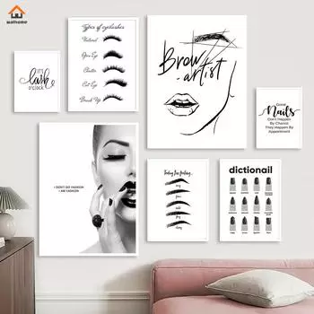 Современный постер для салона красоты, ресницы, брови, дизайн ногтей, техник, декор комнаты, черно-белые декоративные картины, холст, настенная картина, деко 21x30cm No Framed
