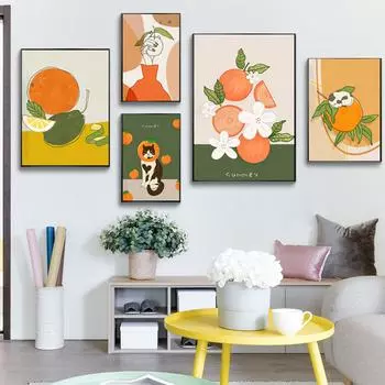 Современный постер с фруктами, настенная живопись, кот, оранжевый, холст, постер, скандинавские настенные художественные фотографии для украшения гостиной, кухни 21cm30cm NoFrame