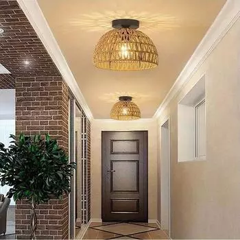 Современный потолочный светильник Люстра из пеньковой веревки Пасторальный ресторан Чайная комната Спальня Гостиная Подвесной потолочный светильник ручной работы No light bulb коричневый