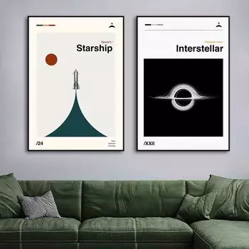 Современный ретро-арт середины века постер «Интерстеллар» с изображением звездного корабля, печать на холсте, картина для гостиной, домашний декор, Куадрос 21x30cm No Framed
