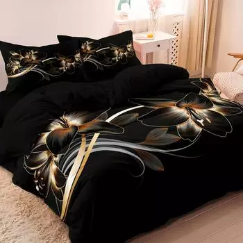 Современный Роскошный Черно-Золотой Постельный Комплект с Цветочным Принтом, Мягкий Удобный Пододеяльник, Для Спальни, Гостевой Комнаты Au Double 180x210cm