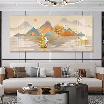 Современный роскошный горный пейзаж, холст, картина, настенная живопись, корабль, лодка, богатое дерево, постеры и принты для декора гостиной, Куадрос 20x30cm Unframed хром желтый