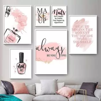 Современный розовый цветок, духи, лак для ногтей, модный постер, макияж для ресниц, холст, живопись, настенные художественные фотографии для девушки, декор для комнаты, салона 21X30cm No Frame