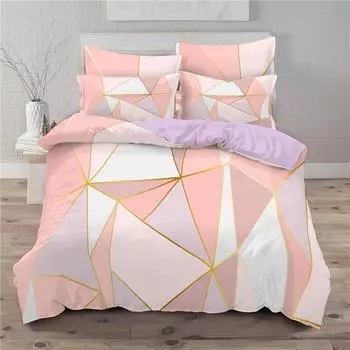 Современный розовый геометрический комплект постельного белья из мягкой микрофибры с черным мраморным рисунком в виде треугольников, пододеяльник размера «king-size» с наволочками, декор для спальни EU single(135x200cm)