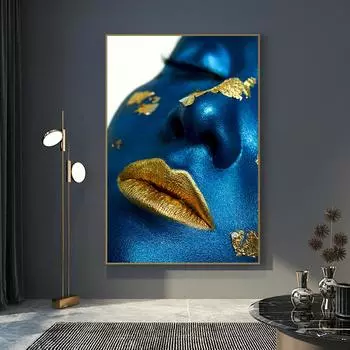Современный сексуальный женский синий портрет, художественная картина на холсте, скандинавская девушка, постер с золотыми губами и принты, фотографии для декора стен гостиной 21x30 No Frame