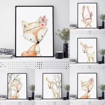 Современный скандинавский кавайный лиса кролик олень животное А4 настенная живопись холст печать плакат мультфильм настенные картины для гостиной детская комната декор 21*30cm No Frame