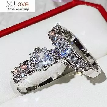 Современный стиль, набор из 2 колец для женщин, ослепительный набор аксессуаров с квадратным фианитом и огранкой «Принцесса», модные женские ювелирные изделия в подарок 6