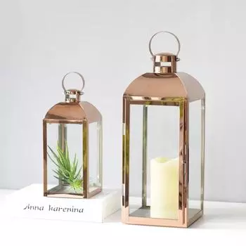 Современный светодиодный фонарь из розового золота и нержавеющей стали для свадьбы, медный фонарь 11*10.5*23.5