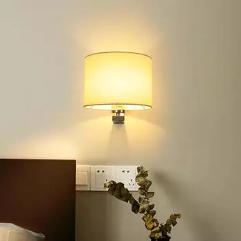 Современный светодиодный настенный светильник с лампой E27, круглый тканевый абажур, настенные бра, внутреннее освещение для гостиничной спальни, прикроватное украшение для дома 12w&Warm White (2700-3500K)