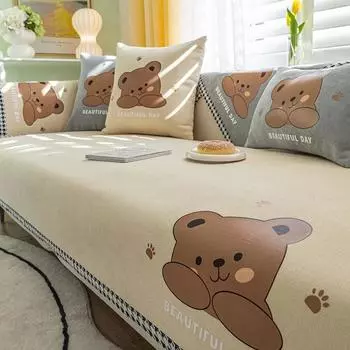 Современный универсальный чехол для дивана из синели, однотонный коврик для дивана с милым медведем, нескользящий L-образный диванный коврик для гостиной 30x50cm pillowcase мятный зеленый