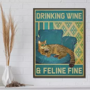 Современный забавный кот пьет вино и кошачьи изысканные цитаты, художественные отпечатки на холсте, живописные постеры, настенная картина для гостиной, украшение для дома 21x30cm No Framed белый