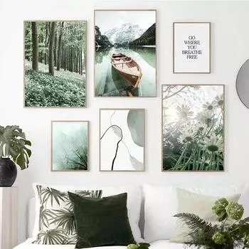 Современный Зеленый Пейзаж Искусство Холст Картина Дейзи Растение Лес Парусник Плакат на скандинавскую тему Фреска Декор в Гостиную Безрамное Изображение 21x30cm No Framed