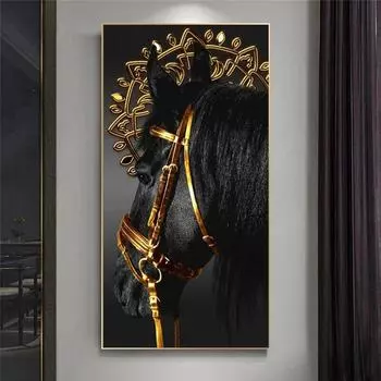 Современный золотой черный постер с лошадью, принты на холсте с животными, настенные художественные картины для гостиной, входная картина, домашний декор, бескаркасный 20x40cm No Framed