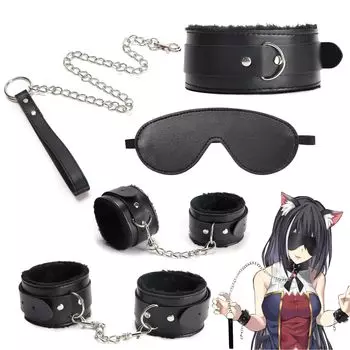 Soxeeh SM Goods SM Eye 4 Piece Restraint SM Metal Unisex Set, Handcuffs, Shackles, Collar, Mask, Set, Device, Play, Chain, Adjustable, (черный)