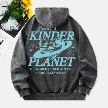 Создайте более добрую планету Выстиранные худи Женские Худи из хлопка с принтом сердца и планеты Карман Оверсайз Зимняя женская одежда M