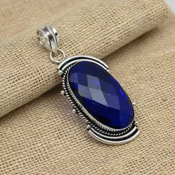 Созданный в лаборатории граненый синий сапфировый драгоценный камень, ювелирные изделия из стерлингового серебра 925 пробы, кулон ручной работы 2.36 синий