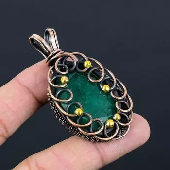 Созданный в лаборатории изумрудный драгоценный камень Чистая медная проволока, обернутая ювелирной подвеской ручной работы 2.56 Inches зелёный