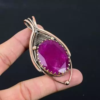 Созданный в лаборатории рубиновый драгоценный камень, чистая медная проволока, обернутая ювелирными изделиями ручной работы, кулон для подарка 3.07 Inches розовый