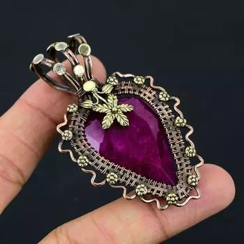 Созданный в лаборатории рубиновый драгоценный камень, медная проволока, кулон ручной работы, ювелирный подарок для любви 2.76 Inches розовый