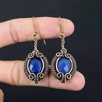 Созданный в лаборатории синий сапфир, драгоценный камень, серьги ручной работы из чистой медной проволоки, обернутые ювелирные изделия 2.56 Inches синий