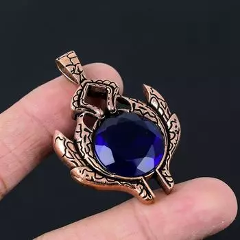 Созданный в лаборатории синий сапфир драгоценный камень ручной работы из чистой медной проволоки, обернутый рыбой, кулон, ювелирные изделия 2.17 Inches синий