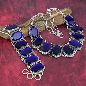 Созданный в лаборатории синий сапфир, драгоценный камень, ожерелье и браслет из стерлингового серебра 925 пробы, удивительный регулируемый комплект украшений ручной работы для сестры Adjustable With 8 -18 синий