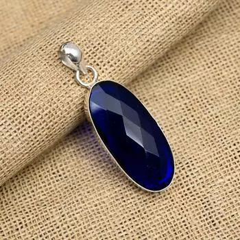 Созданный в лаборатории синий сапфир драгоценный камень ручной работы из стерлингового серебра 925 пробы ювелирный кулон подарок для нее 2.00 Inches синий