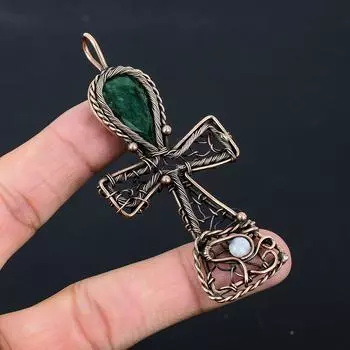 Созданный в лаборатории ювелирный изумруд и драгоценный камень, подвеска из чистой медной проволоки, завернутая в кулон Анк ручной работы