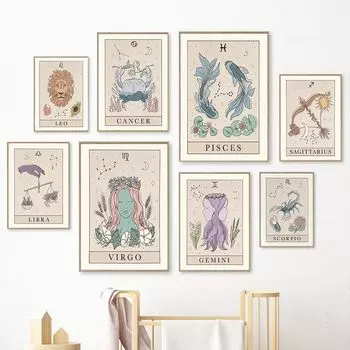 Созвездие детская настенная живопись холст плакат карты Таро Астрология Бохо зодиакальный принт живопись картина эстетическое украшение комнаты 21x30cm No Frame
