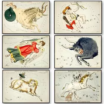 Созвездие изобразительное искусство печать антикварная литография постер холст картины настенная живопись для украшения дома без рамки 21*30cm No Frame