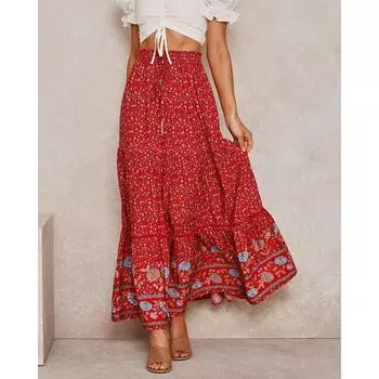 SP Holiday Flowery Skirt ~ 2020 New Style 4-Color European and American Foreign Order Foreign Style Refreshing Holiday Wide Hem Long Skirt Red M