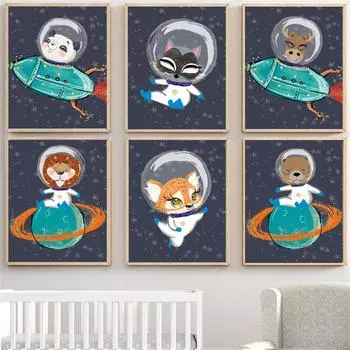 Space Astronaut Fox Lion Bear Raccoon Deer Wall Art Canvas Painting Nordic Posters And Prints Wall Pictures Baby Kids Room Decor 21x30cm No Framed